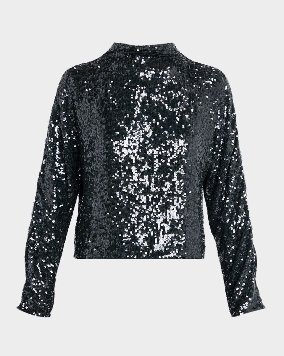 Sequined Mock-Neck Long-Sleeve Blous